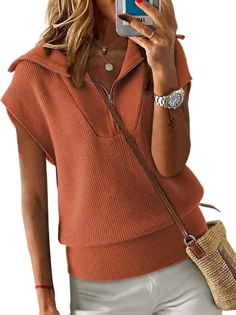 Brand New! Women's Zip-Front Sleeveless Sweater Vest in Rust